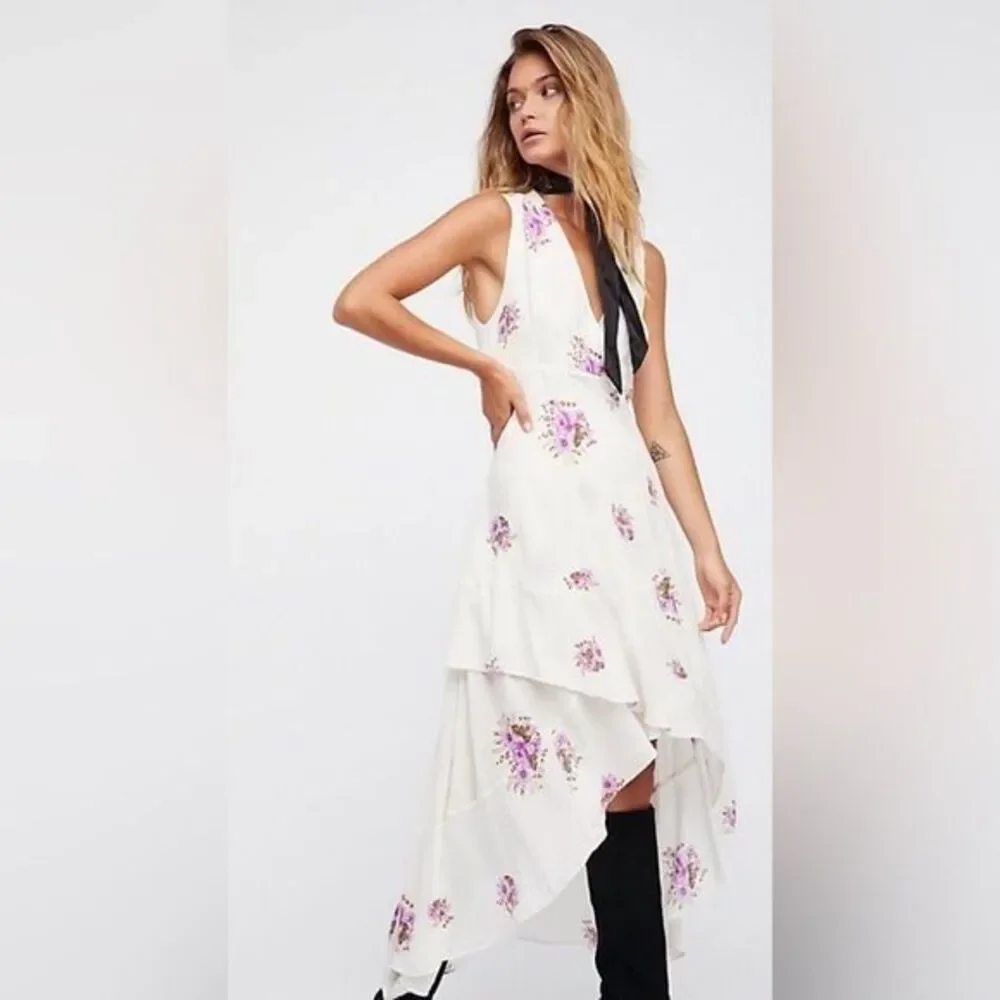 Free People Bring The Romance Hi-Low Ruffle Sun Dress Womens 4 White Purple Boho